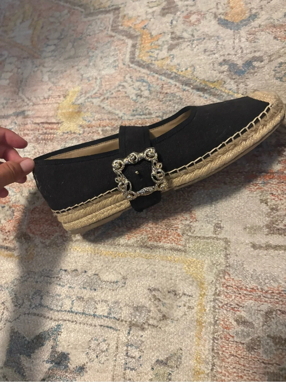 Sam Edelman Espadrille Mary Jane Flats - Black Canvas Jeweled Buckle - Size 8.5